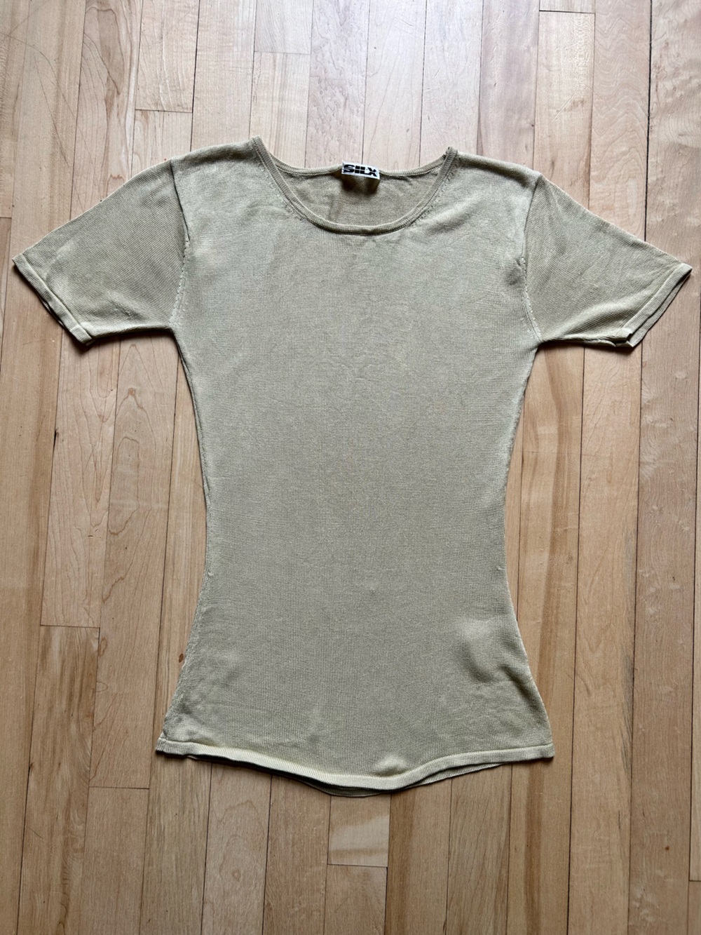 Light Beige Knit Short Sleeve Silk Top